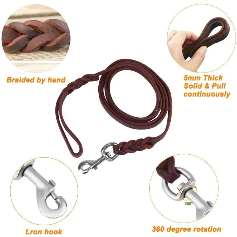 Genuine Leather Dog Collar, Braided Long Dog Leashes for Pet Walking Training.
