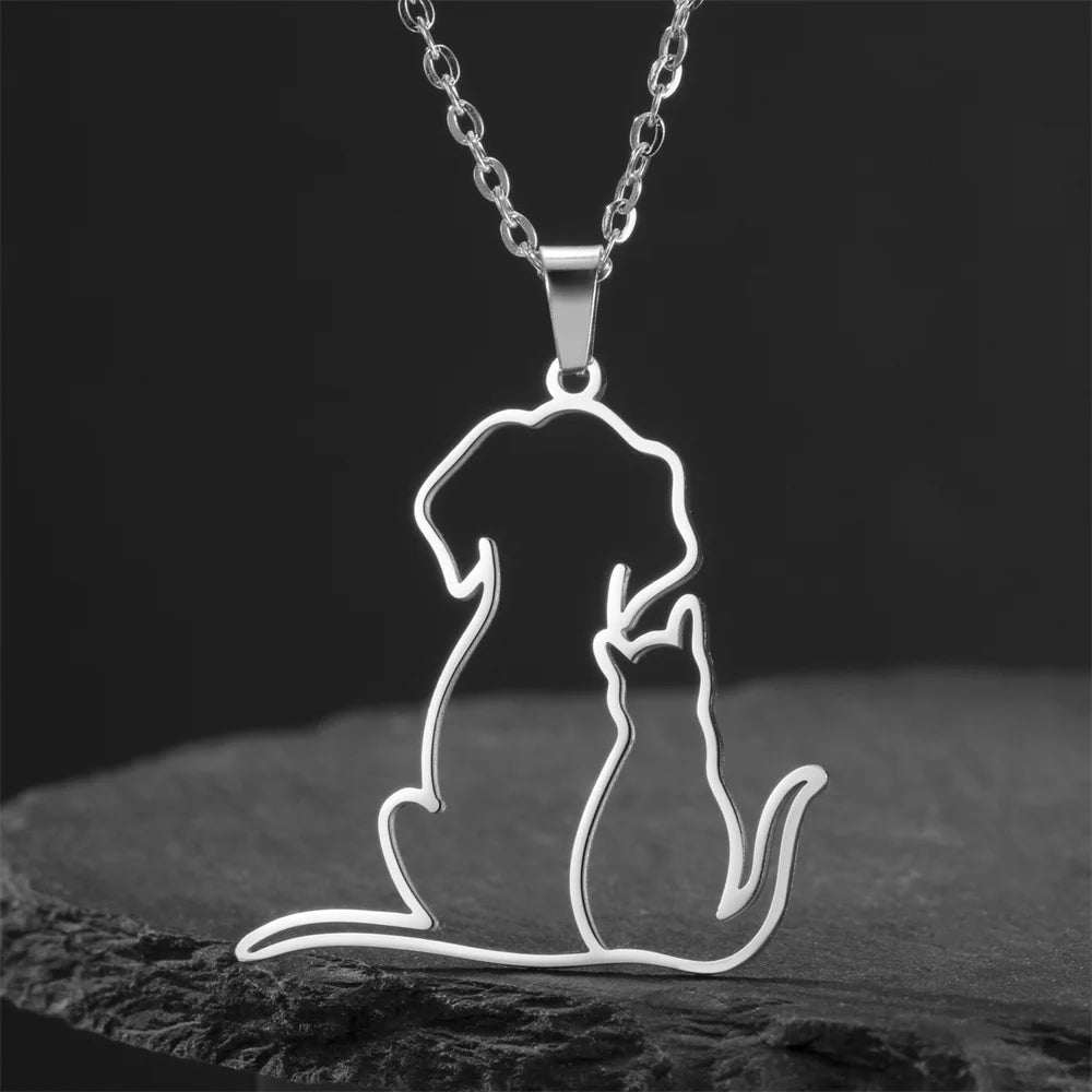 Dog and kitten pendant necklace for women and girls, stainless steel chain.