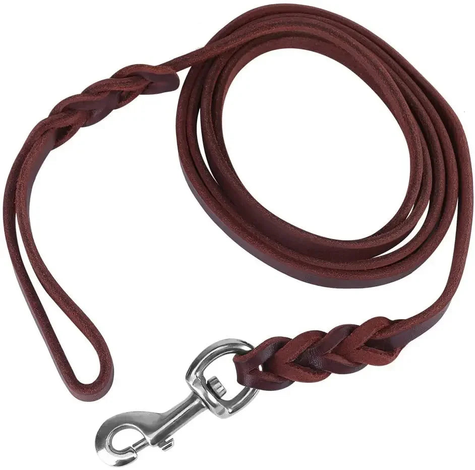 Genuine Leather Dog Collar, Braided Long Dog Leashes for Pet Walking Training.