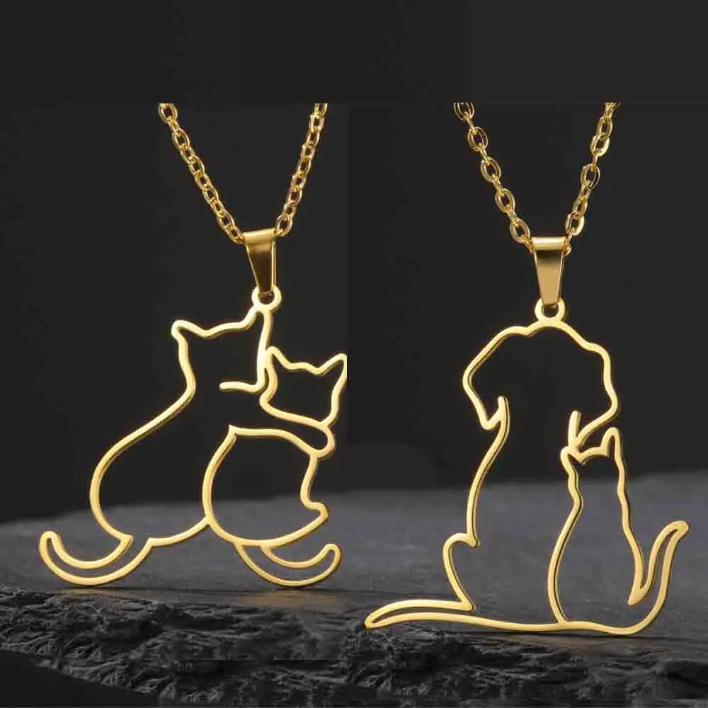 Dog and kitten pendant necklace for women and girls, stainless steel chain.