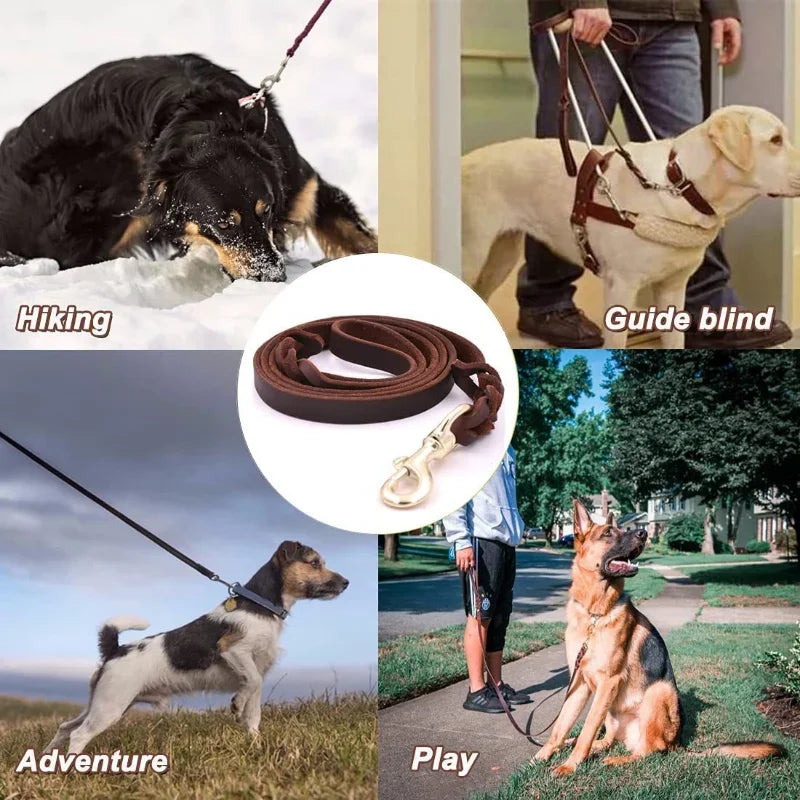 Genuine Leather Dog Collar, Braided Long Dog Leashes for Pet Walking Training.