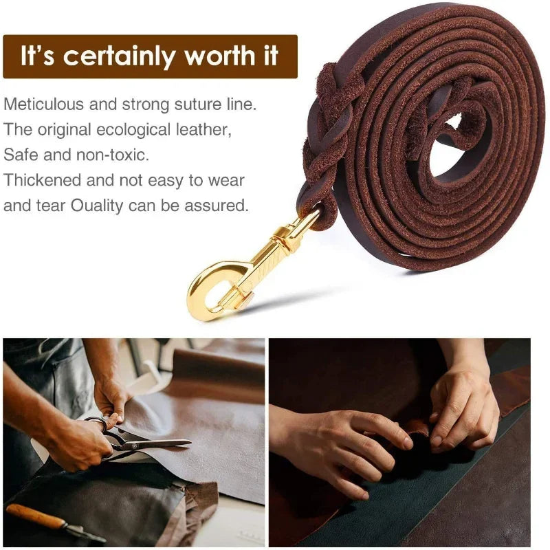Genuine Leather Dog Collar, Braided Long Dog Leashes for Pet Walking Training.