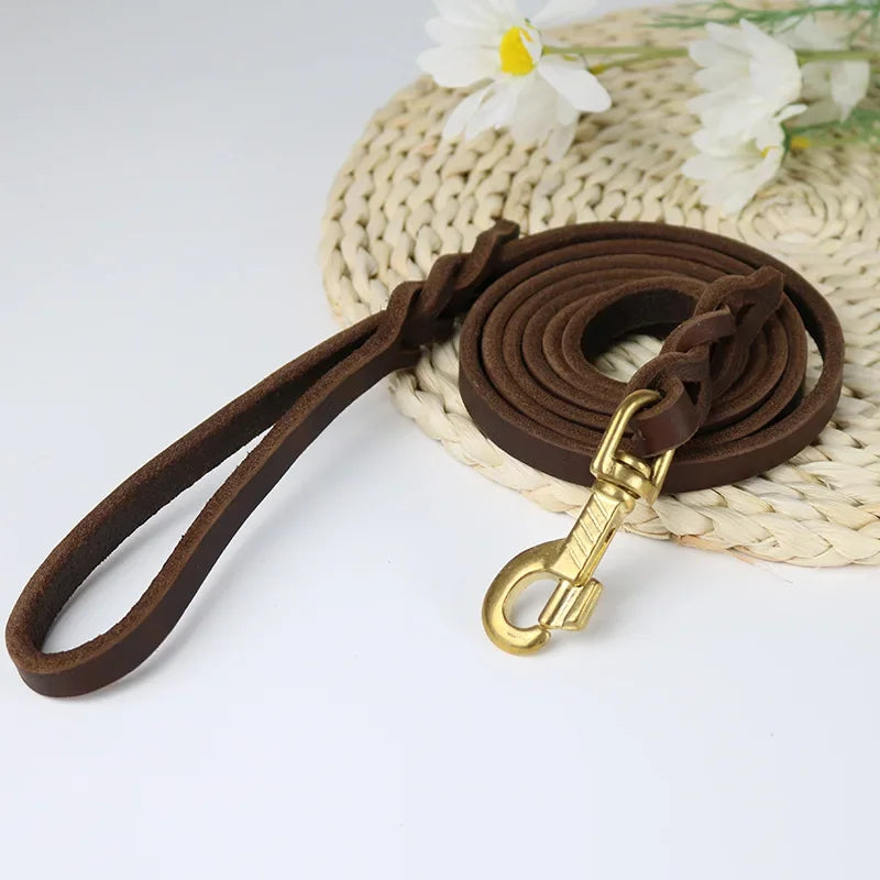 Genuine Leather Dog Collar, Braided Long Dog Leashes for Pet Walking Training.
