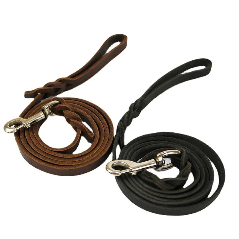 Genuine Leather Dog Collar, Braided Long Dog Leashes for Pet Walking Training.