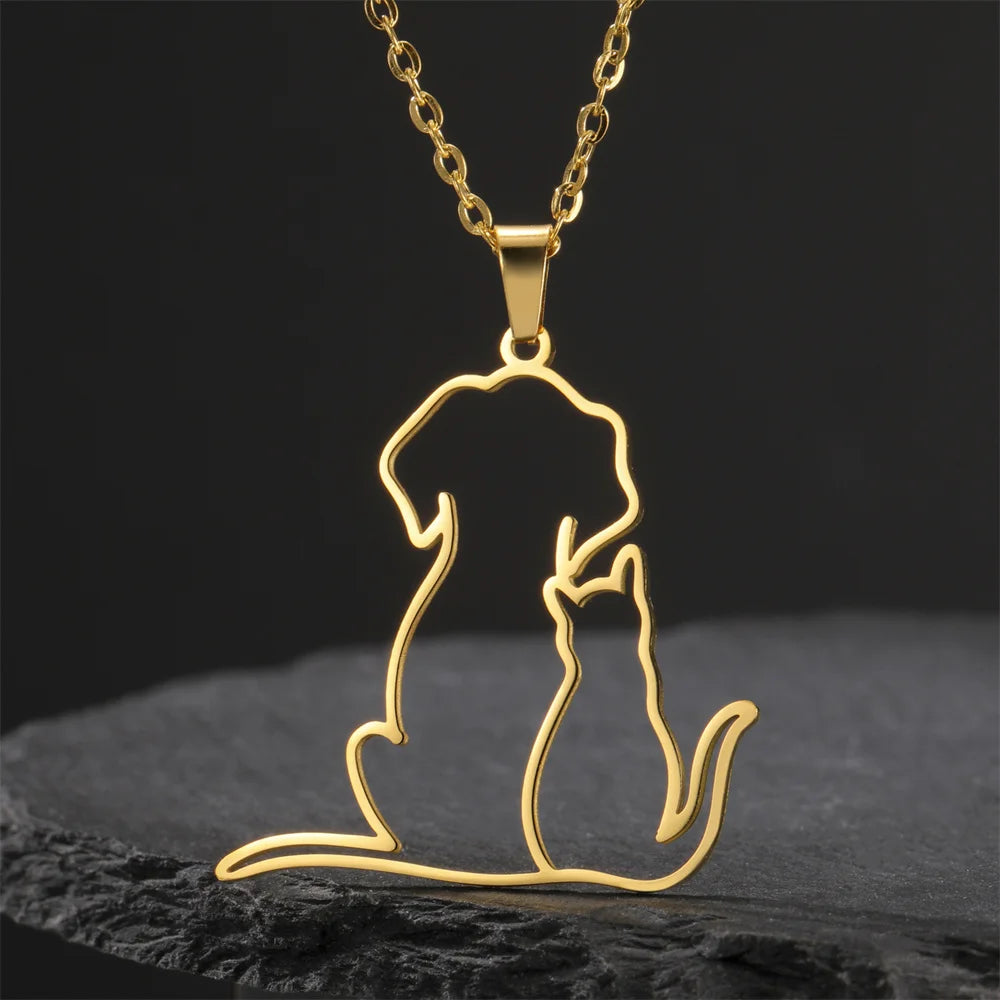 Dog and kitten pendant necklace for women and girls, stainless steel chain.
