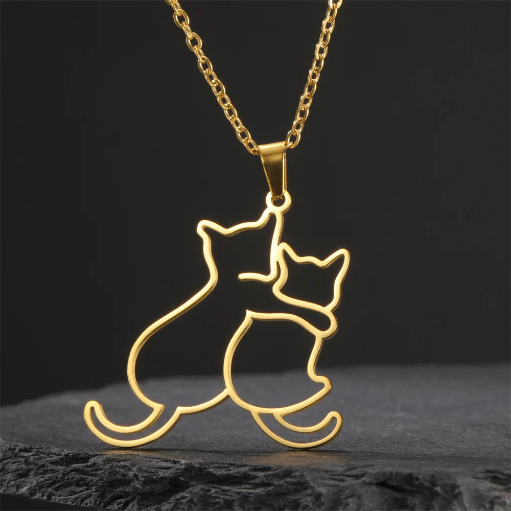 Dog and kitten pendant necklace for women and girls, stainless steel chain.