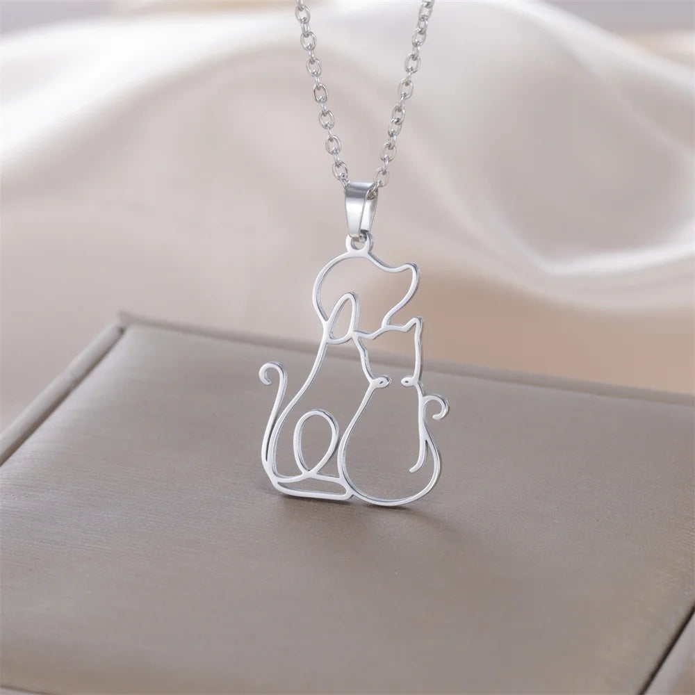 Dog and kitten pendant necklace for women and girls, stainless steel chain.