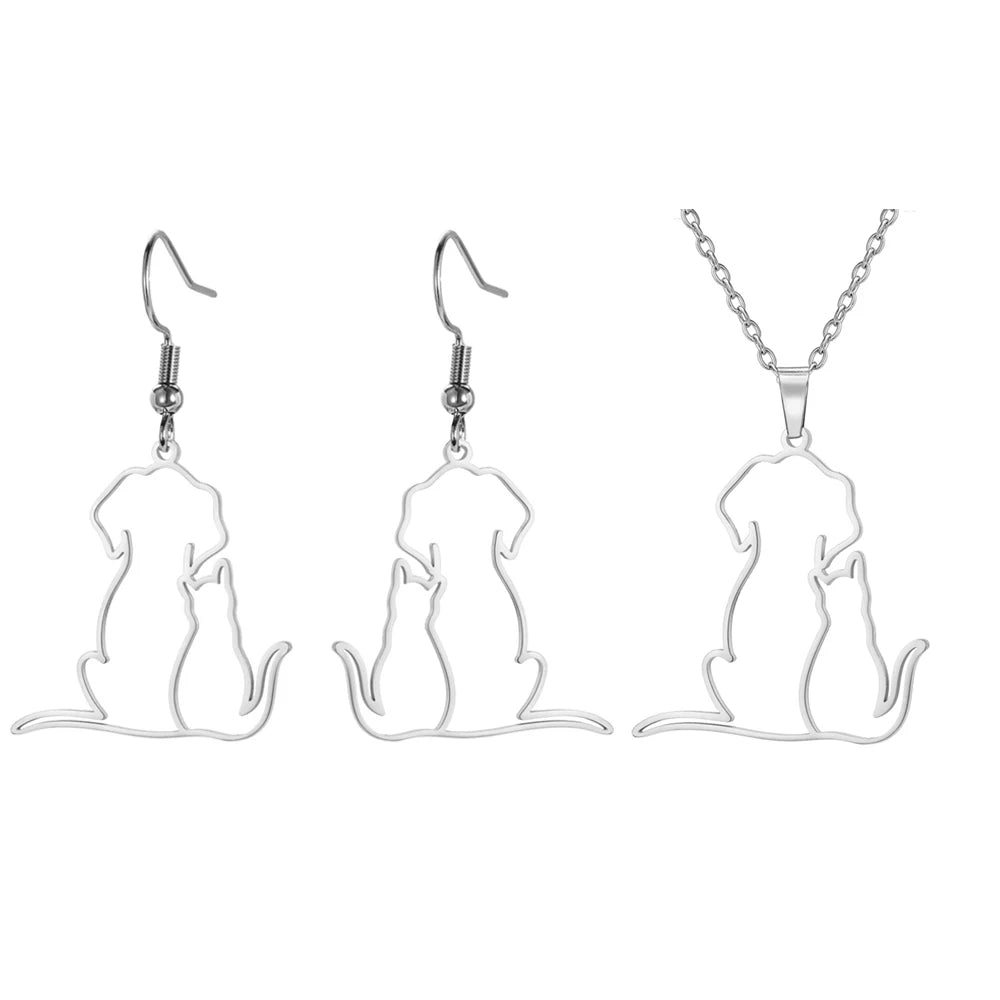 Dog and kitten pendant necklace for women and girls, stainless steel chain.