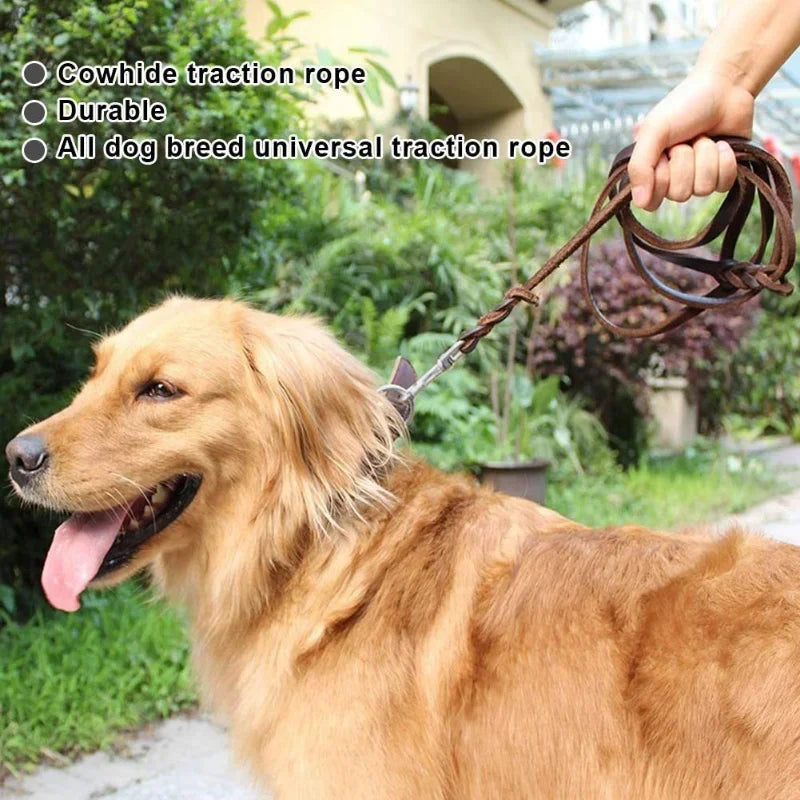 Genuine Leather Dog Collar, Braided Long Dog Leashes for Pet Walking Training.