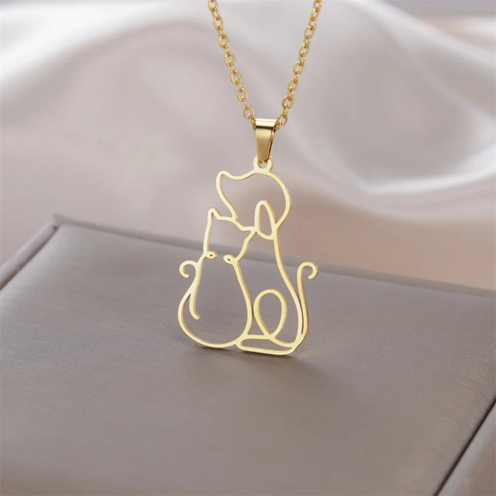 Dog and kitten pendant necklace for women and girls, stainless steel chain.