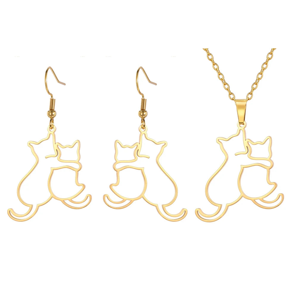 Dog and kitten pendant necklace for women and girls, stainless steel chain.