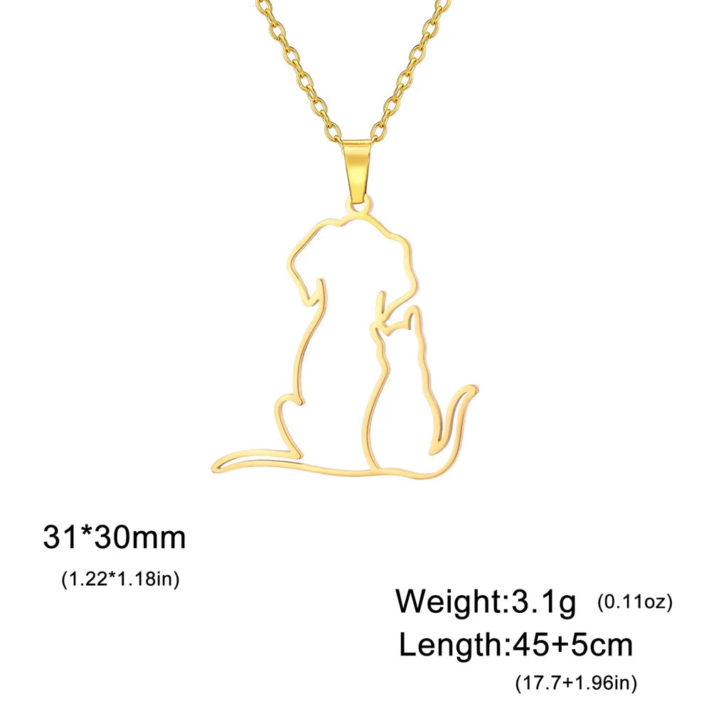 Dog and kitten pendant necklace for women and girls, stainless steel chain.