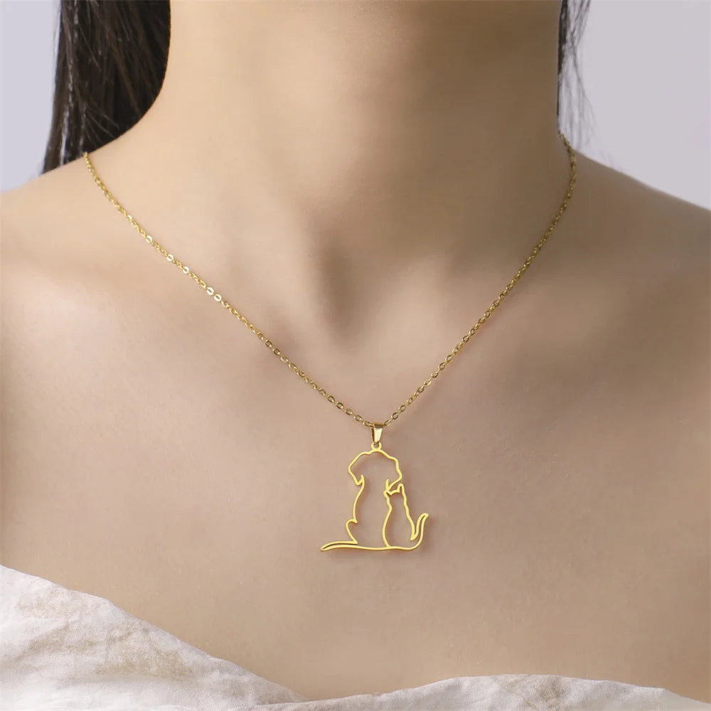 Dog and kitten pendant necklace for women and girls, stainless steel chain.