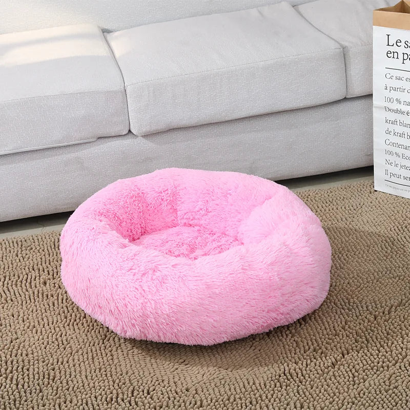 Round, soft, long, plush bed for dogs and cats