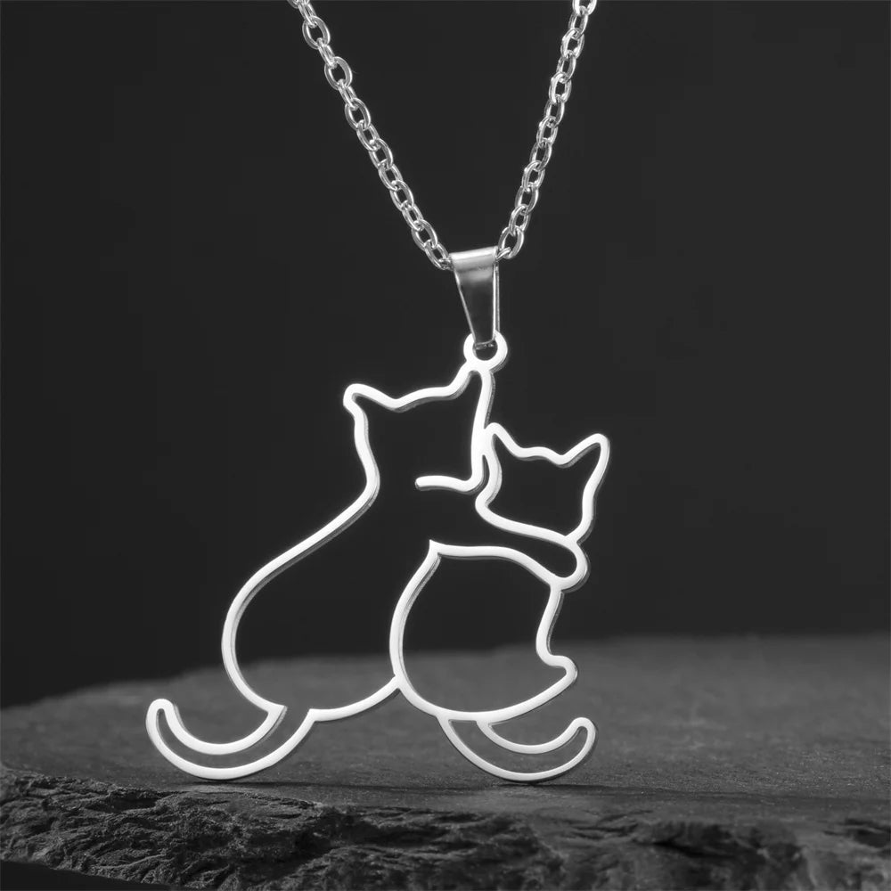 Dog and kitten pendant necklace for women and girls, stainless steel chain.