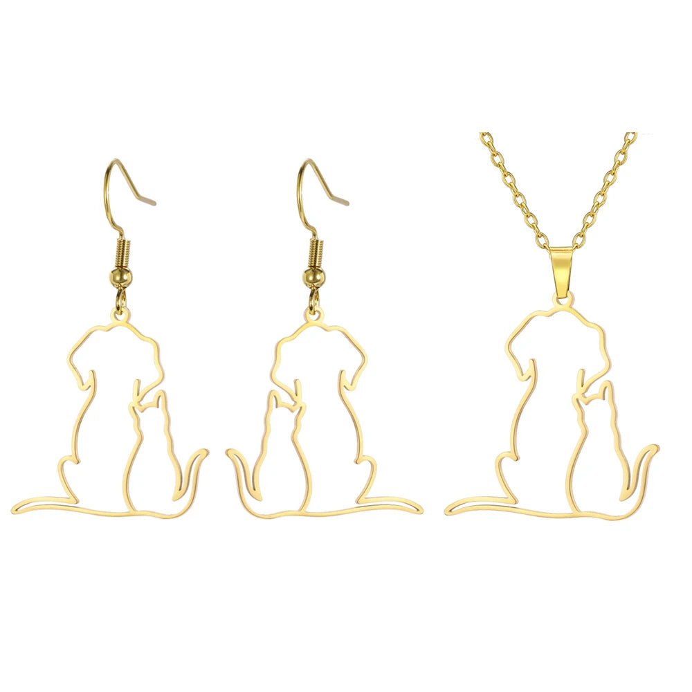 Dog and kitten pendant necklace for women and girls, stainless steel chain.