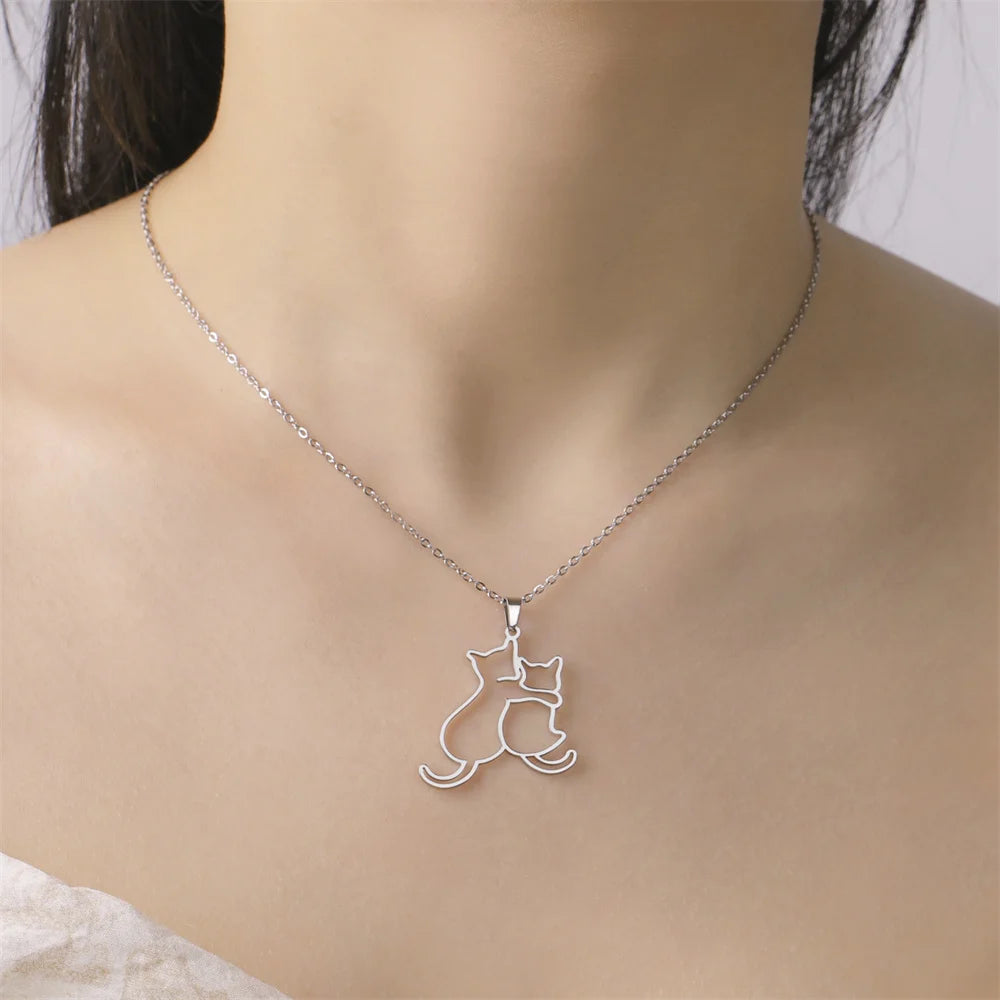 Dog and kitten pendant necklace for women and girls, stainless steel chain.