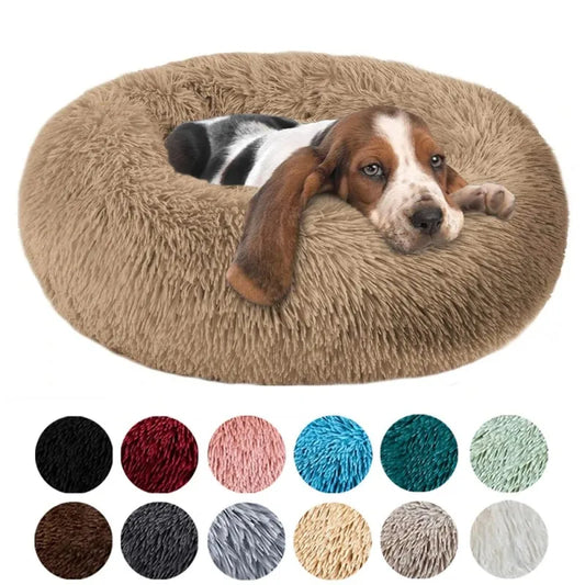 Round, soft, long, plush bed for dogs and cats