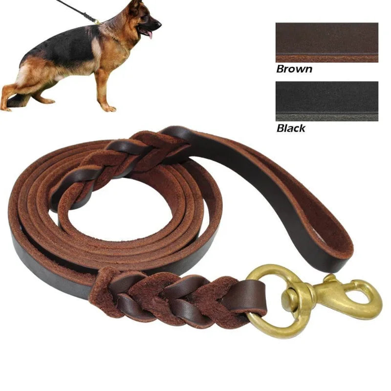 Genuine Leather Dog Collar, Braided Long Dog Leashes for Pet Walking Training.