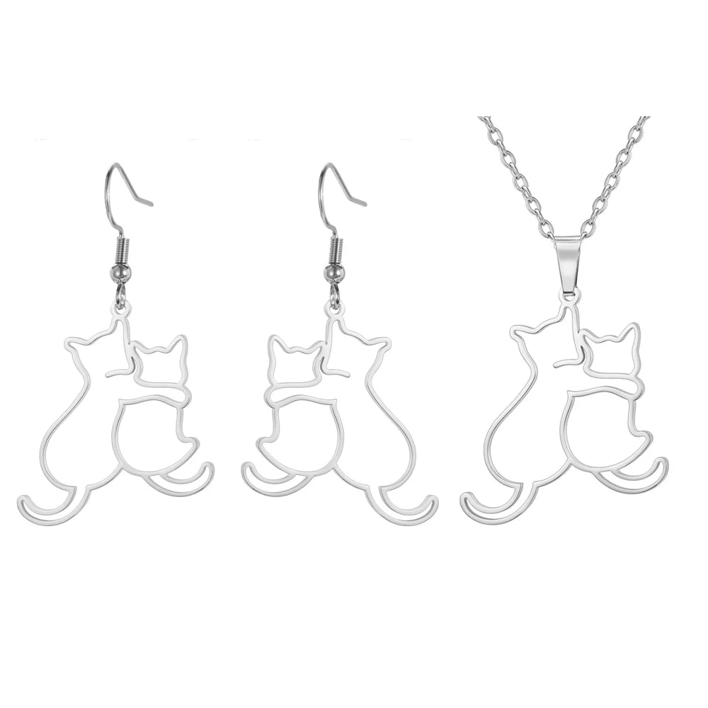Dog and kitten pendant necklace for women and girls, stainless steel chain.
